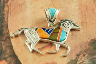 Stunning Horse Pendant featuring Genuine Sleeping Beauty Turquoise, Spiney Oyster Shell, Red Coral and Blue Lapis inlaid between ribbons of Sterling Silver. Beautiful Fire and Ice Lab Opal Accents. Precision inlay on the Bale and Pendant. Free 18